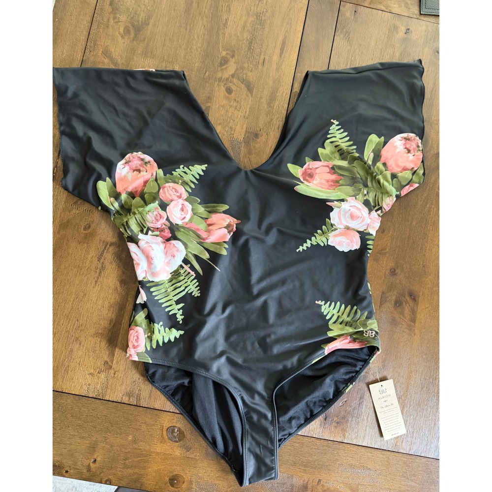 Albion Fit Carolina Cape One-Piece Swimsuit Black Floral Pink Fern XXXL NWT